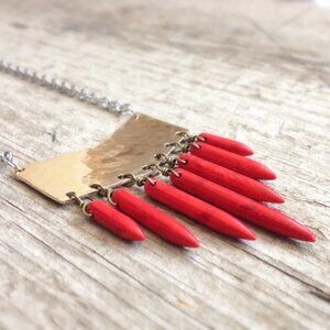 Red Spike Gold Chevron Long Pendant Necklace Handmade Boho Chic
